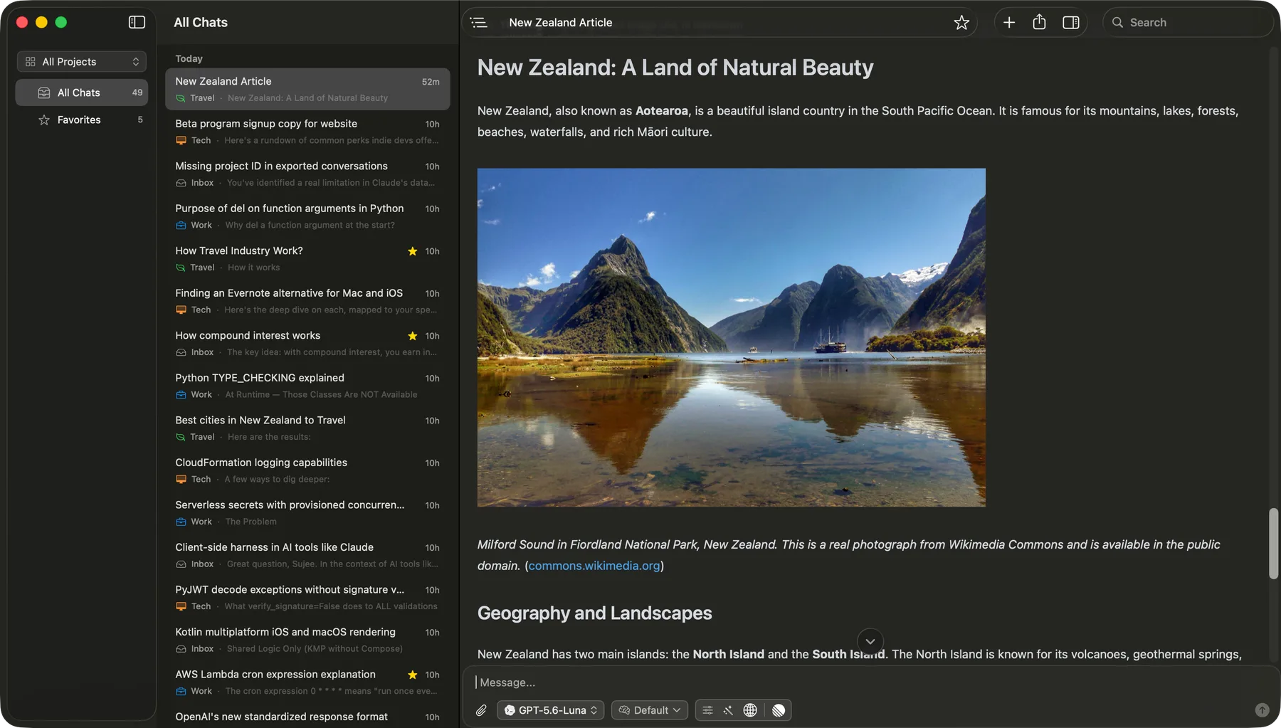 Vinaa native AI chat app for Mac showing an organized chat list beside an open conversation